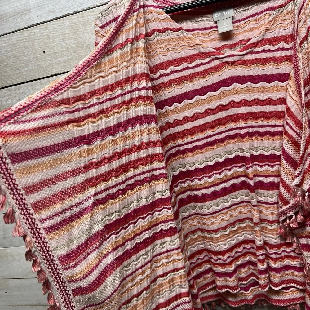 Chicos Cardigan Two Piece Set Womens 2 US Large Stripe Fringe Stretch‎ Casual